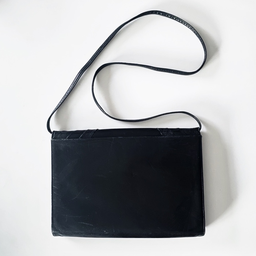 70s vtg black leather snakeskin envelope clutch - crossbody strap - Picture 2 of 11